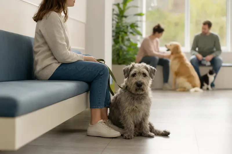 Irish Glen of Imaal Terrier sitzt ruhig neben seinem Besitzer im hellen Wartezimmer einer modernen Tierarztpraxis.